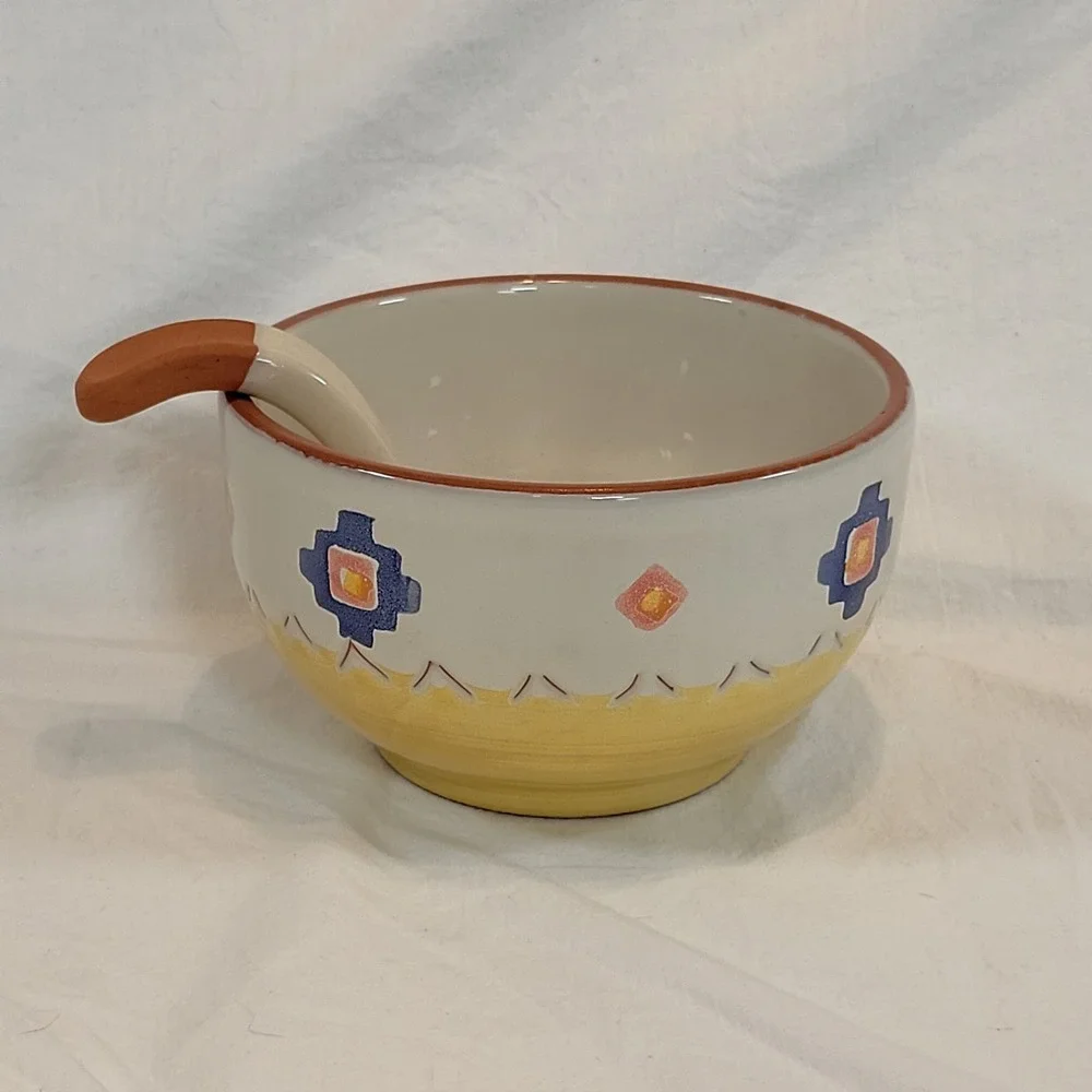 Santa Fe Dip Bowl and Ladle Set Cream Southwestern Geometric Ceramic Portugal